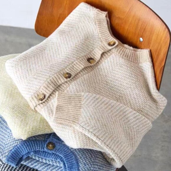 Japanese Brand "SM2" Beige Herringbone 2-Style Button Sweater-One Size - Picture 4 of 6